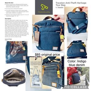 $85 New ⭐️ Travelon Heritage Anti theft Crossbody Bag Indigo Blue Denim UNISEX